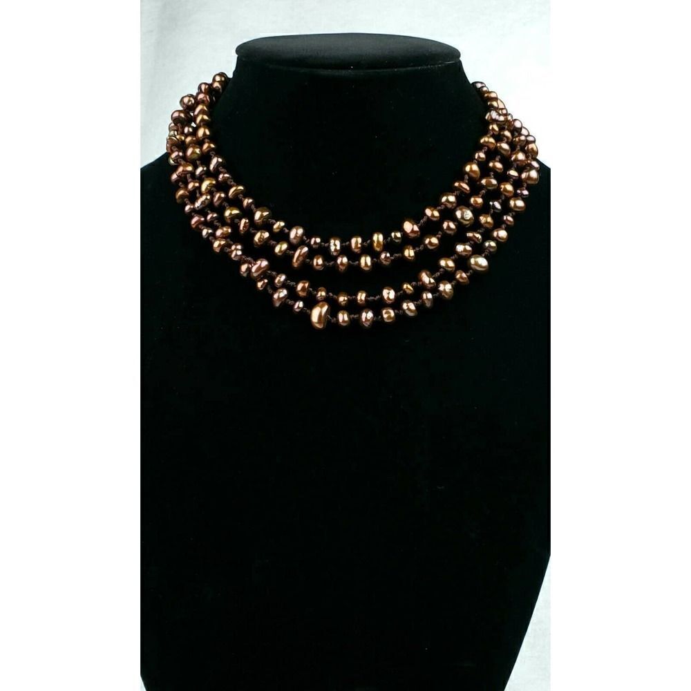 Sterling Silver 925 Imitation Pearl Beaded Necklace Brown Opera Length Long 34"